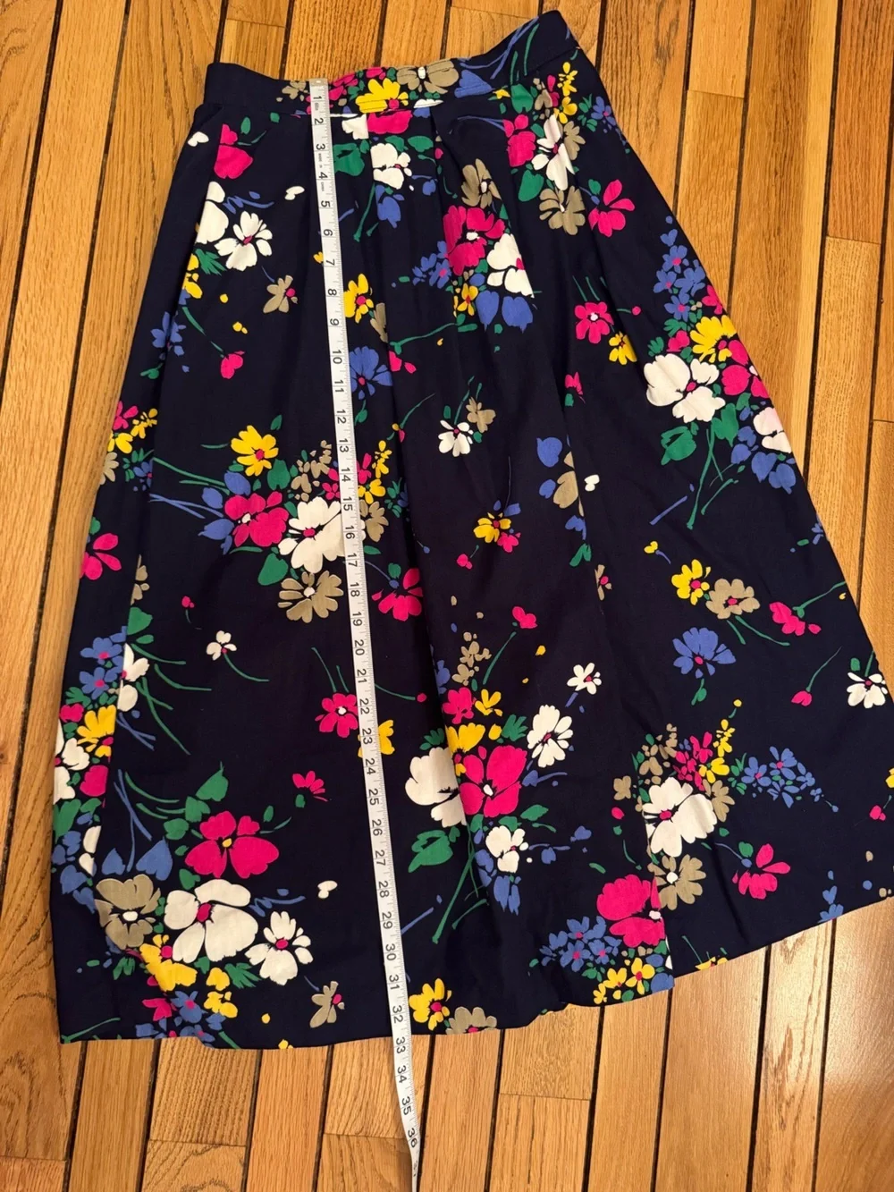 Vintage Aston Navy Floral A-Line Midi Skirt with Pink, White, Yellow & Green